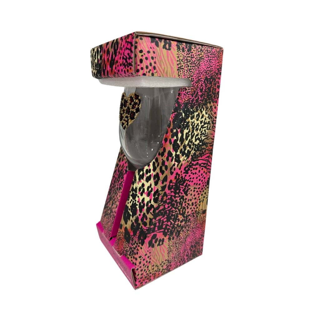 NWT Betsey Johnson Leopard Print Wine Glass Set of 2 - Pink & Black Animal Print - Picture 3 of 12